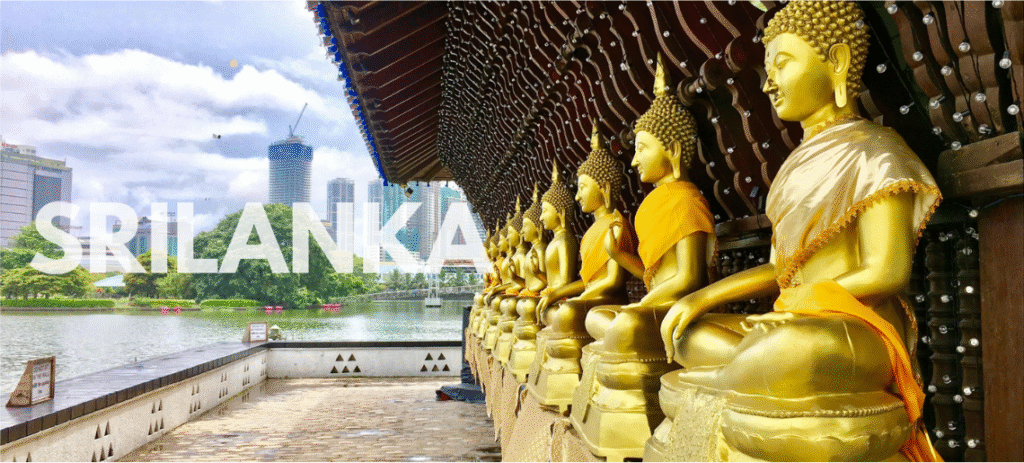 Sri Lanka Honeymoon Guide banner showing ornate golden Buddha statues with city and lake landscape background
