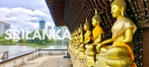 Sri Lanka Honeymoon Guide banner showing ornate golden Buddha statues with city and lake landscape background