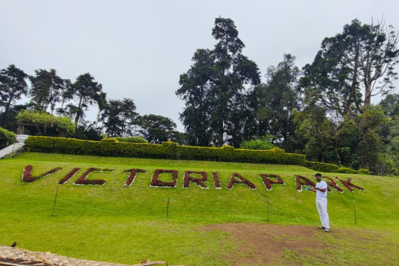 Woman in white clothing posing in lush green tea plantation with Welcome text arranged in hillside surrounded by tall cypress trees in Nuwara Eliya