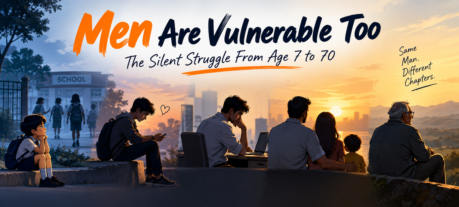 Men Are Vulnerable Too – illustration of men of different ages sitting alone with their thoughts at sunset