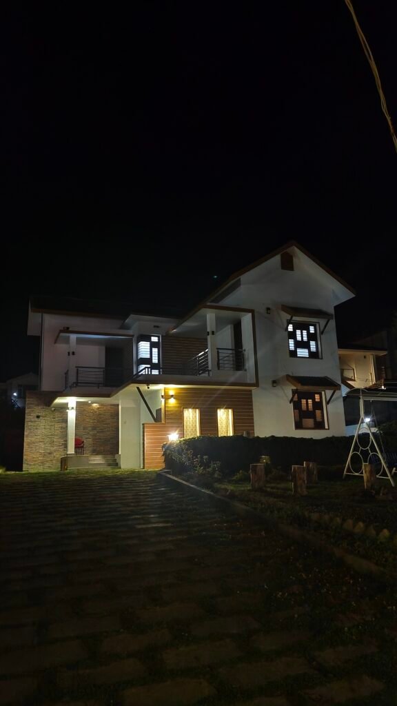 Backup villa in Ooty lit up at night where the team stayed