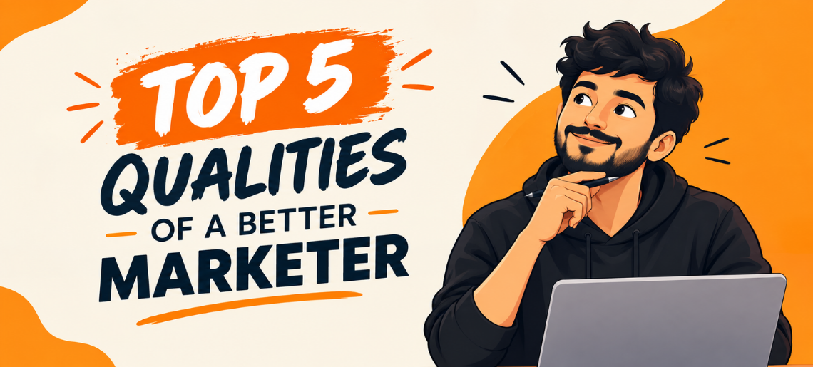 Top 5 qualities of a better marketer – illustration of a thoughtful marketer at a laptop