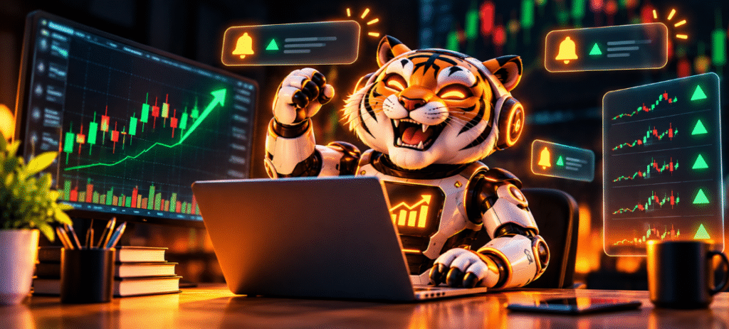 AI-powered tiger trading bot monitoring stock market charts on a laptop, with bullish candlestick graphs and automated stock price alerts